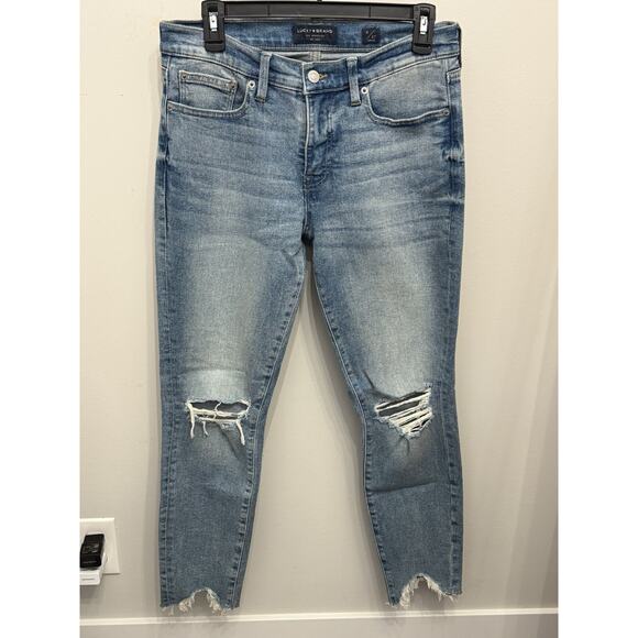 Lucky Brand Ava Mid Rise Ripped Skinny Jeans Ankle 4 / 27 Frayed Uneven Hem - Picture 1 of 9